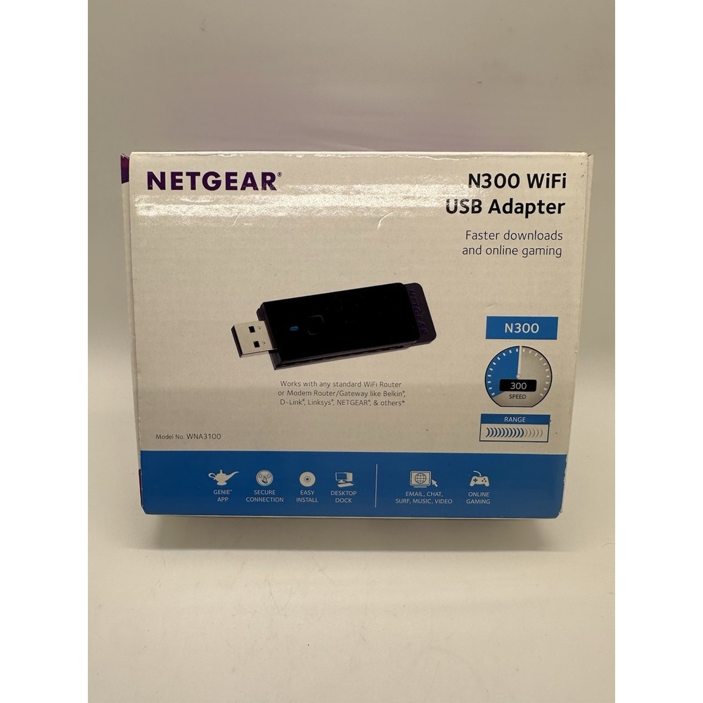 NETGEAR N300‎ Wireless USB Adapter, WNA3100, Up to 300Mbps, Plus CD, EUC!